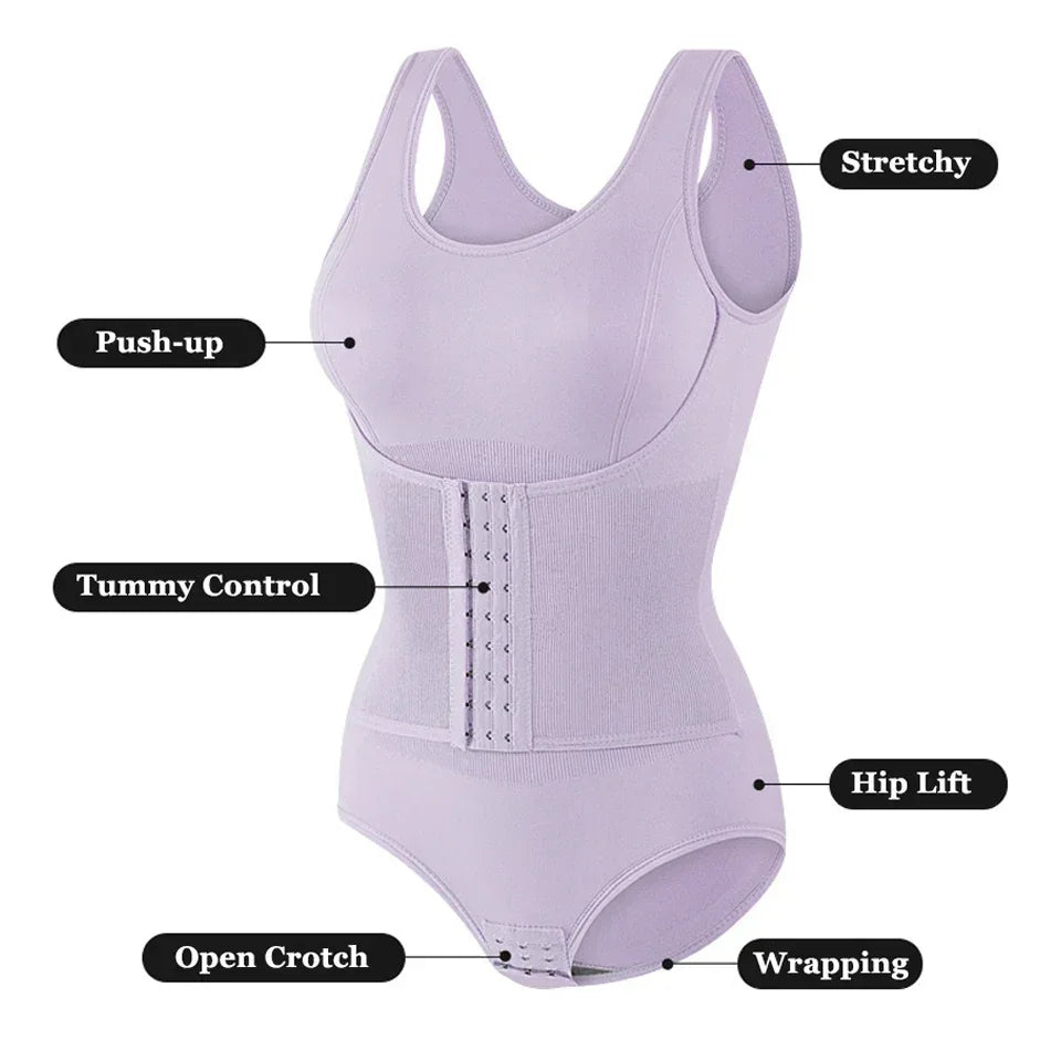 Bodysuit Shapewear with Zipper Belt Women Tummy Control Fajas Body Shaper Waist Trainer Slimming Cincher Corset Tops