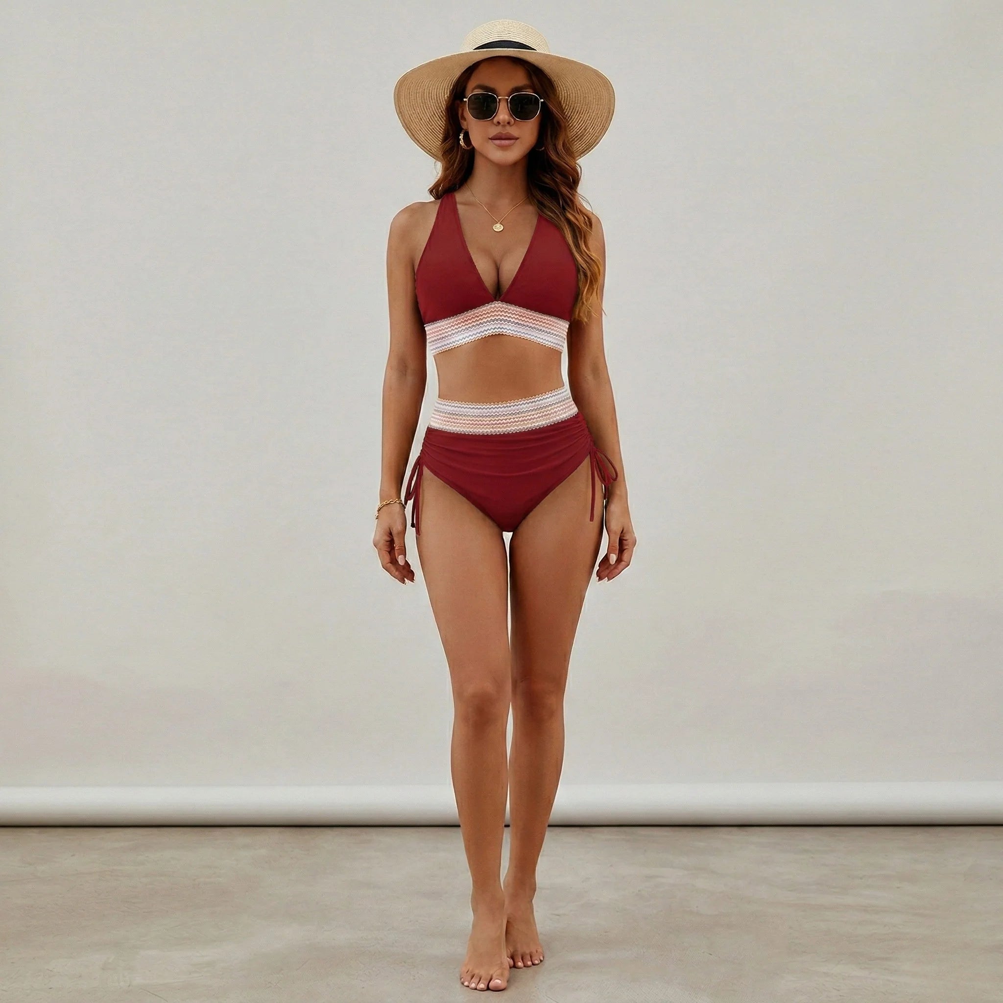 Elevate Your Swim Style with Our Women's High Waisted V Neck Triangle Bikini Set