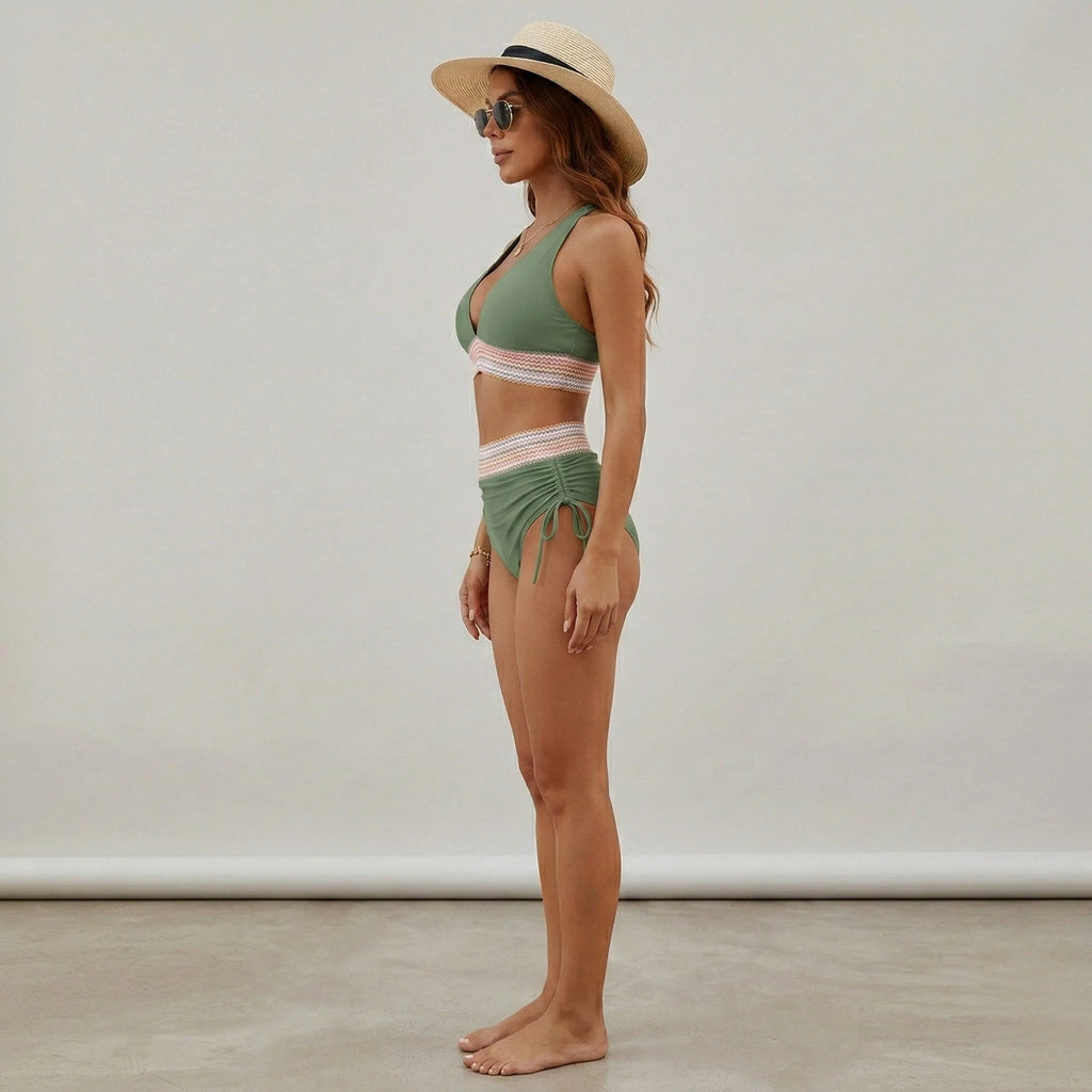 Elevate Your Swim Style with Our Women's High Waisted V Neck Triangle Bikini Set