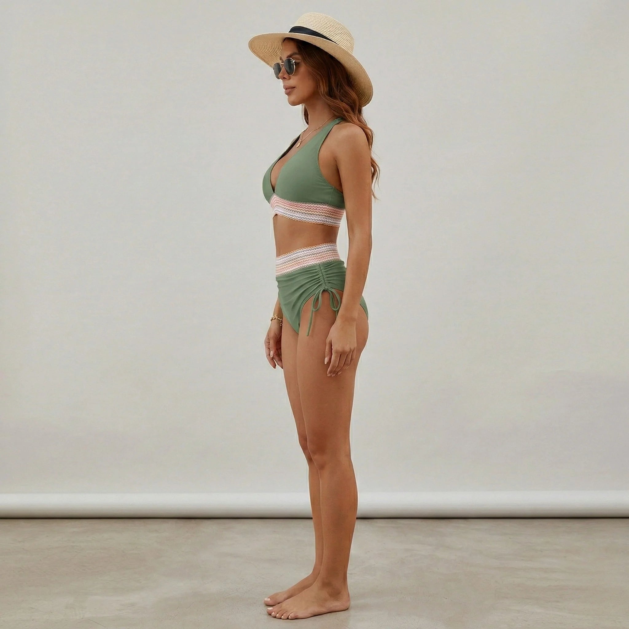 Elevate Your Swim Style with Our Women's High Waisted V Neck Triangle Bikini Set