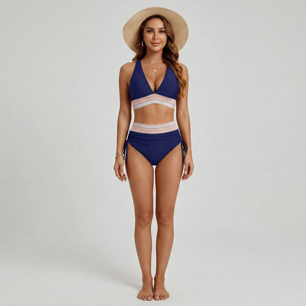 Elevate Your Swim Style with Our Women's High Waisted V Neck Triangle Bikini Set