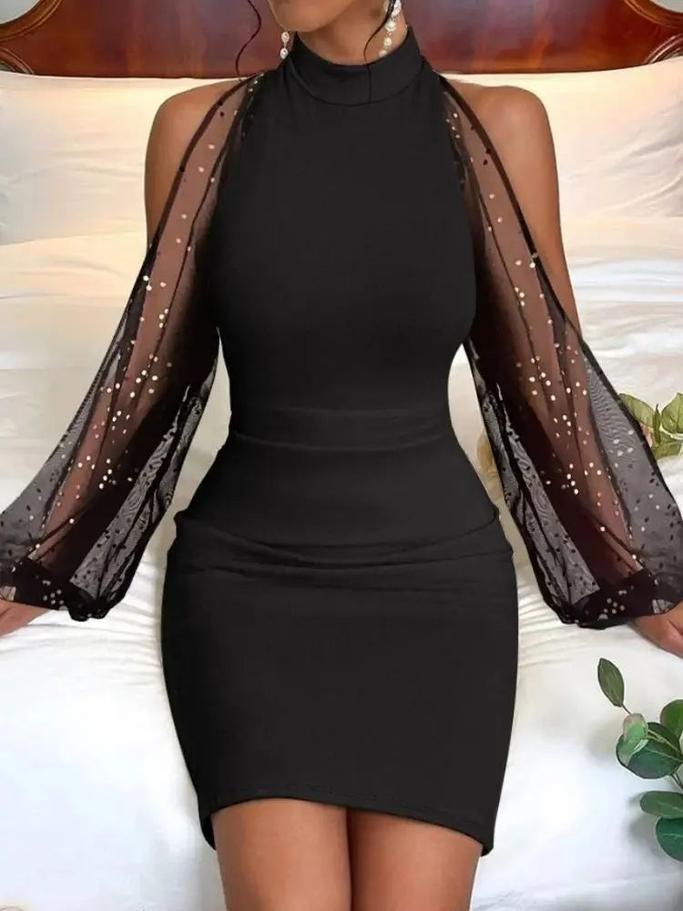 Elevate Your Evening Look with Our Sheer Mesh Bell Sleeve Bodycon Mini Dress - Perfect for Parties and Night Outs!
