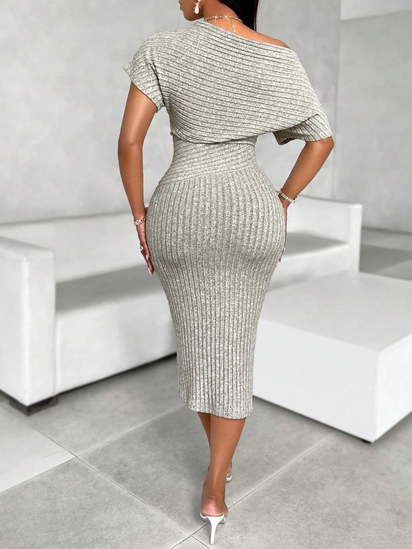 Elevate Your Wardrobe with Our Stylish Asymmetric Shoulder Textured Dress for Women