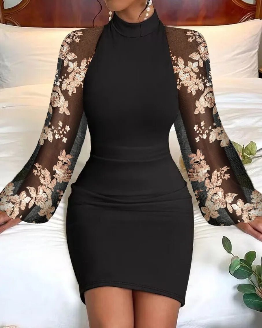 Elevate Your Evening Look with Our Sheer Mesh Bell Sleeve Bodycon Mini Dress - Perfect for Parties and Night Outs!