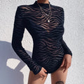 Women'S Black Mesh Long Sleeve Slim Bodysuit with Sexy Stripe Mock Neck Transparent Casual Rompers for Party Club Lady 2025