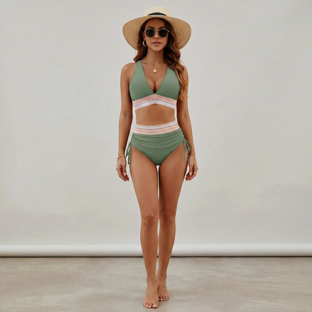 Elevate Your Swim Style with Our Women's High Waisted V Neck Triangle Bikini Set