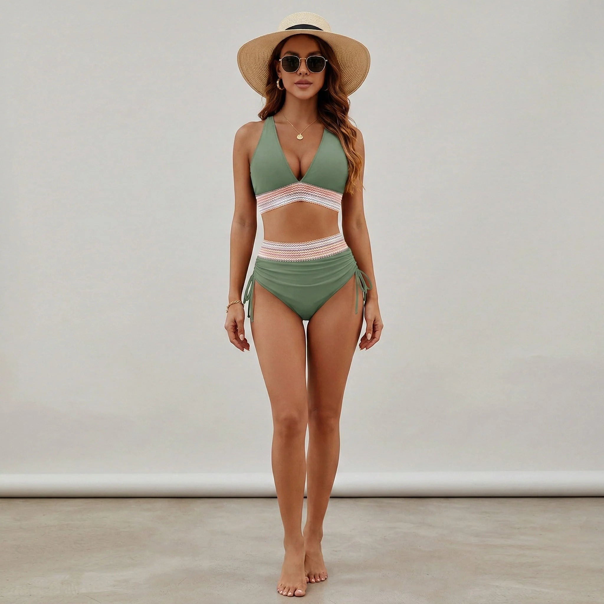 Elevate Your Swim Style with Our Women's High Waisted V Neck Triangle Bikini Set